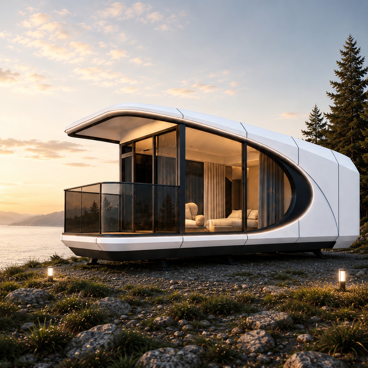 LuxPod SX-9 exterior, curved glass, coastal setting