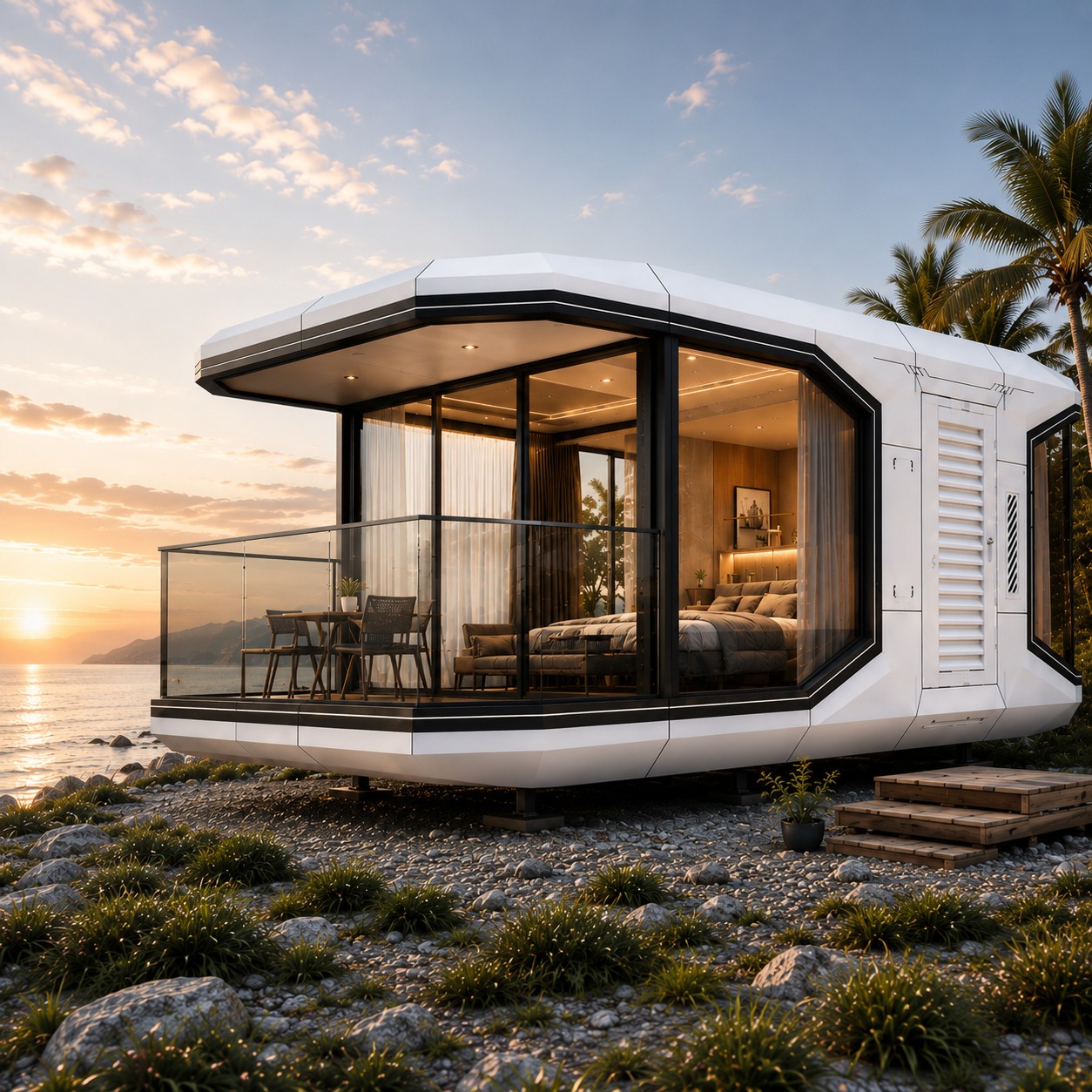LuxPod X-5 exterior, coastal setting at sunset